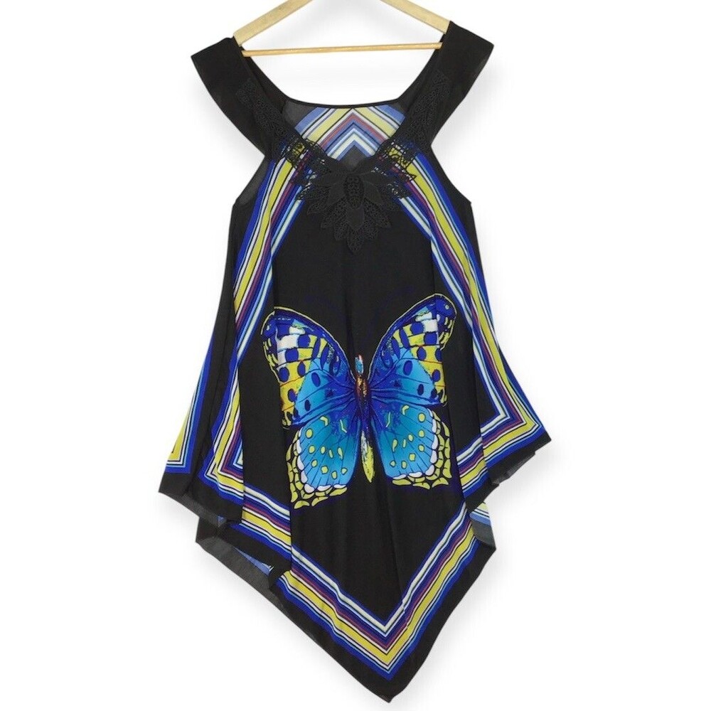 Women's Dress Coverup Butterfly Size S/M Embroidery Handkerchief Hem Multi Color